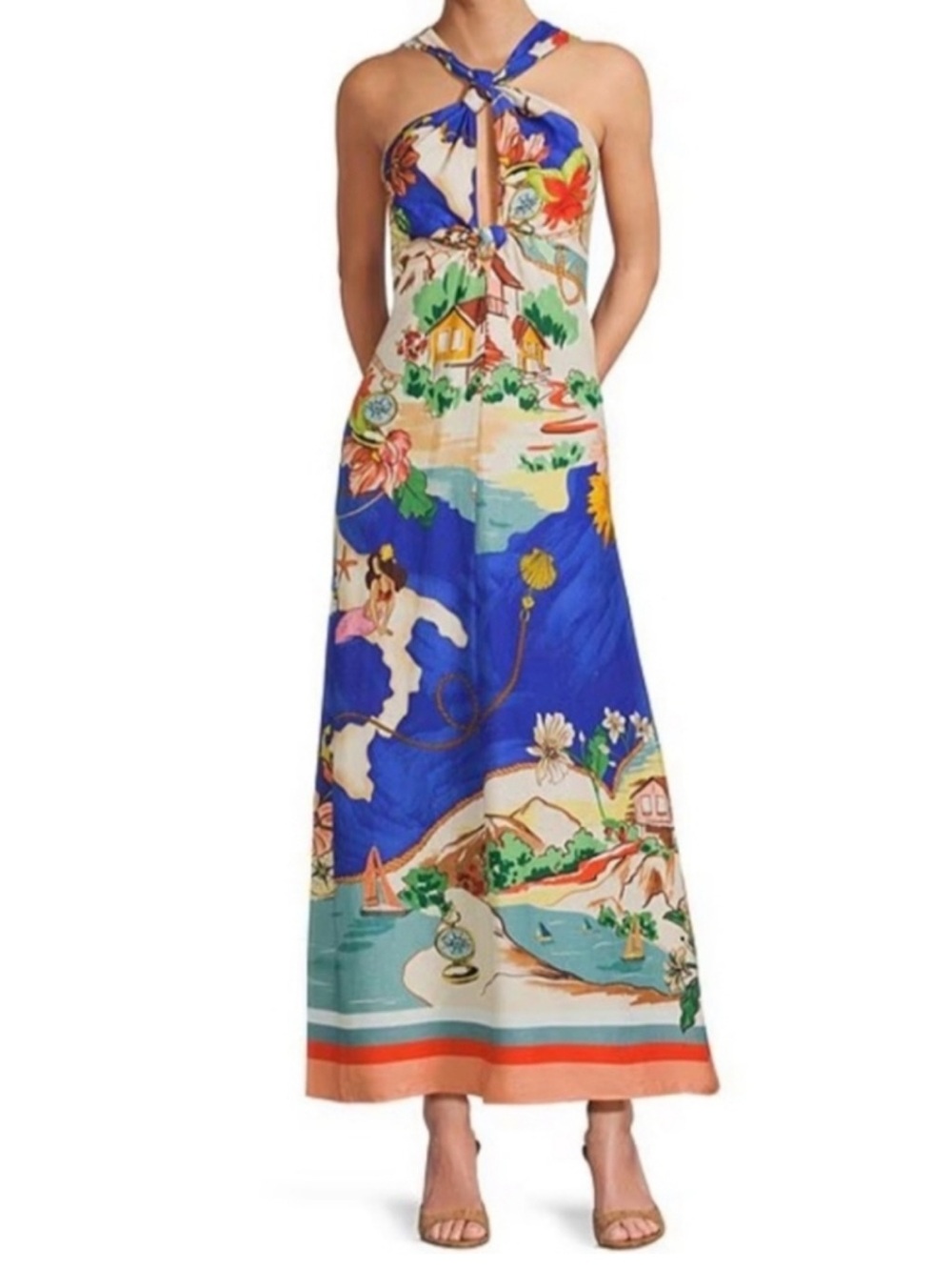 Antonio Melani Bronwyn Ocean Print Linen Blend Halter Neck A-Line Maxi Dress NWT